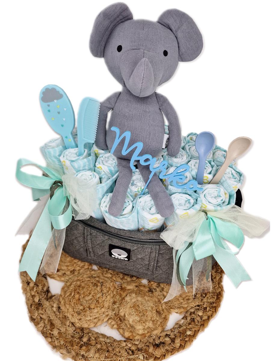 Elfenstall Windeltorte Pamperstorte Dooky Kinderwagentasche mit Stofftier Elefant